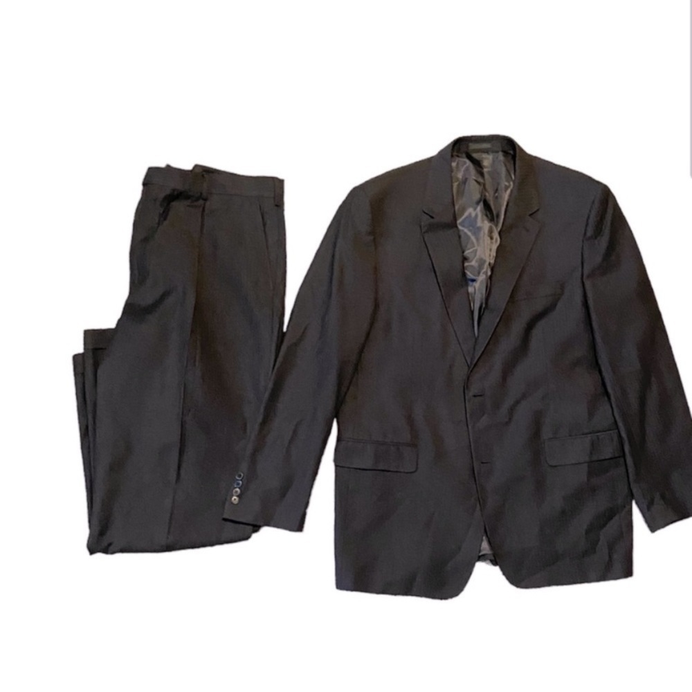 Andrew Fezza black suit w baby blue pin stripes. Jacket size 48L and pants 43L